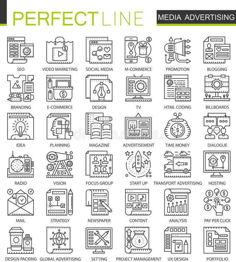 Symboler för begrepp för översikt för massmediaadvertizing mini- Stil för modern slaglängd för marknadsföringsannonseringbefordra stock illustrationer Symboler för begrepp för översikt för massmediaadvertizing mini- Stil för modern slaglängd för marknadsföringsannonseringbefordra stock illustrationer