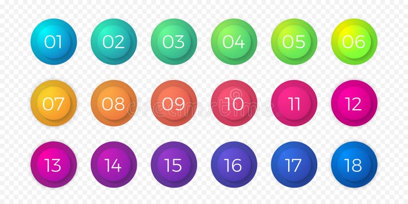 Symboler för cirkel för vektor för knapp för rengöringsduk för lutning för färg för lägenhet för nummerkulpunkt