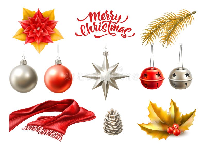 Symboler in för glad jul för vektorn ställde realistiska, leksaker royaltyfri illustrationer Symboler in för glad jul för vektorn ställde realistiska, leksaker royaltyfri illustrationer