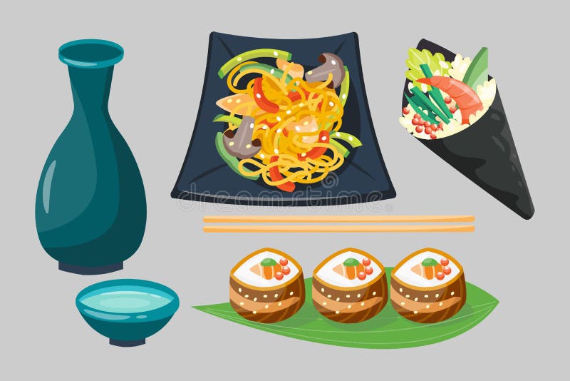 Symboler för japansk för kokkonst för sushi sunda gourmet- traditionell lägenhet för mat och orientalisk kultur för platta för re