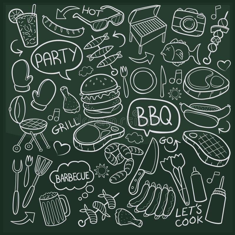 Symboler för klotter för BBQ-parti skissar traditionella handen - gjord designvektor vektor illustrationer Symboler för klotter för BBQ-parti skissar traditionella handen - gjord designvektor vektor illustrationer