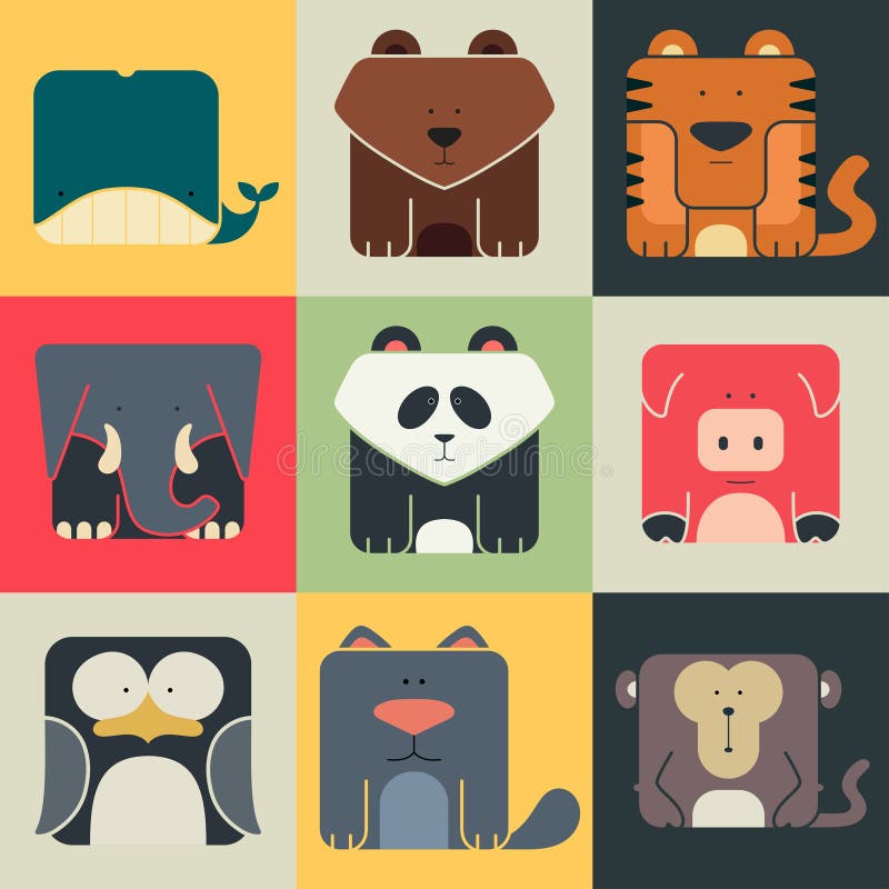 Set flat square icons of a cute animals on color background. Wildeness and Nature logos. Set flat square icons of a cute animals on color background. Wildeness and Nature logos