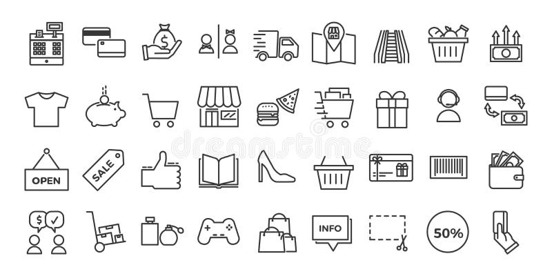 Symboler släkta med kommers, shoppar, shoppinggallerior, detaljhandel royaltyfri illustrationer Symboler släkta med kommers, shoppar, shoppinggallerior, detaljhandel royaltyfri illustrationer