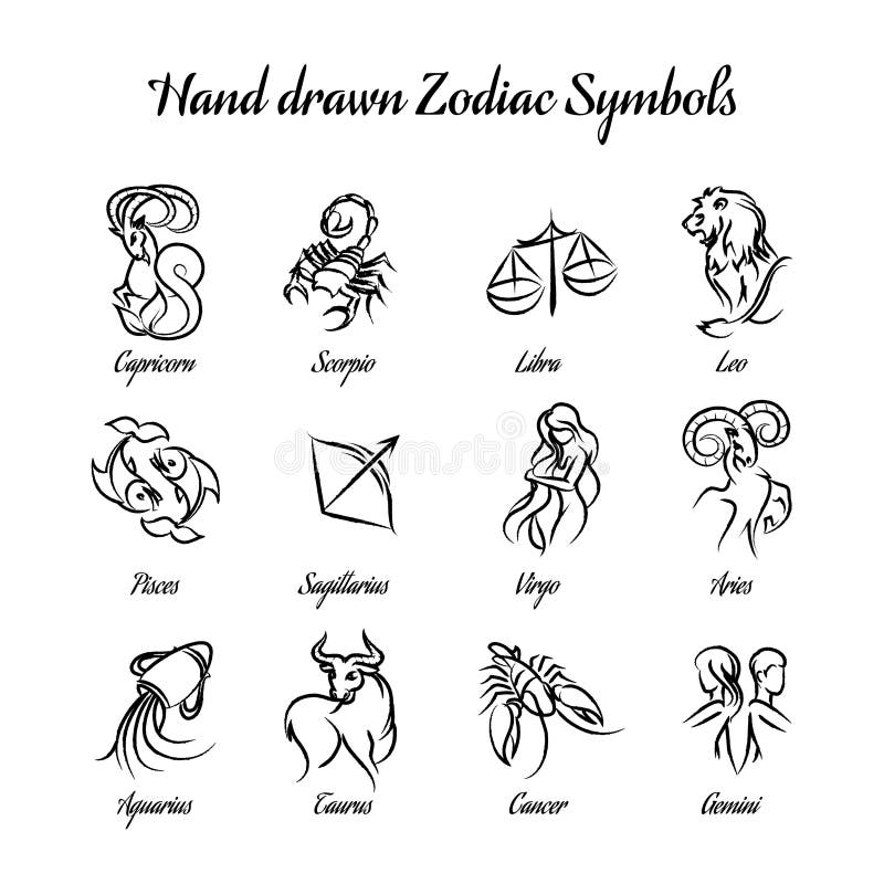 Set of hand drawn astrological zodiac symbols or horoscope signs. Lion and cancer, fish and pisces, scorpio and aquarius, aries and virgo and gemini. Vector illustration. Set of hand drawn astrological zodiac symbols or horoscope signs. Lion and cancer, fish and pisces, scorpio and aquarius, aries and virgo and gemini. Vector illustration