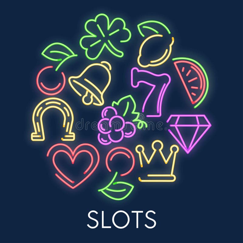Symboles au néon de jeux de jeu de casino de machine à sous illustration libre de droits Symboles au néon de jeux de jeu de casino de machine à sous illustration libre de droits
