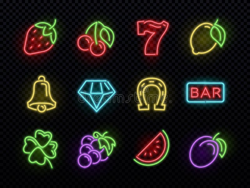 Symboles au néon lumineux de vecteur de machine à sous Icônes de jeu légères de casino illustration stock