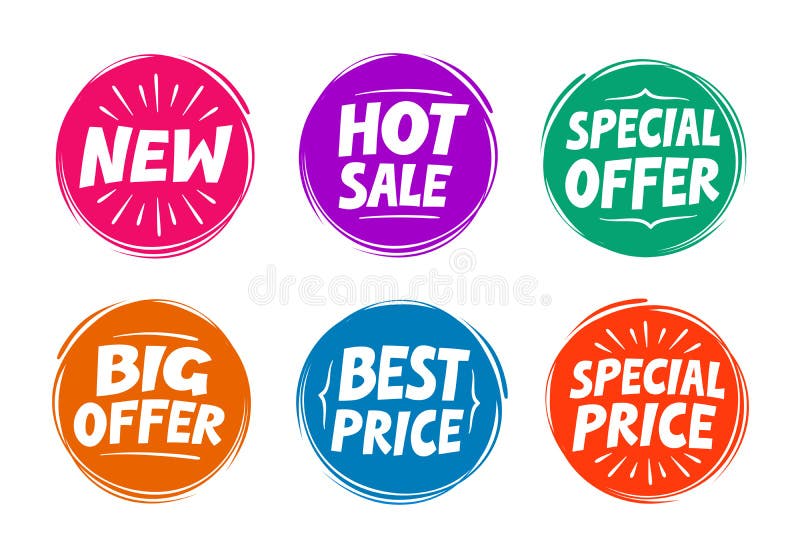 Symboles de collection tels que l'offre spéciale, vente chaude, le meilleur prix, nouveau graphismes illustration libre de droits Symboles de collection tels que l'offre spéciale, vente chaude, le meilleur prix, nouveau graphismes illustration libre de droits