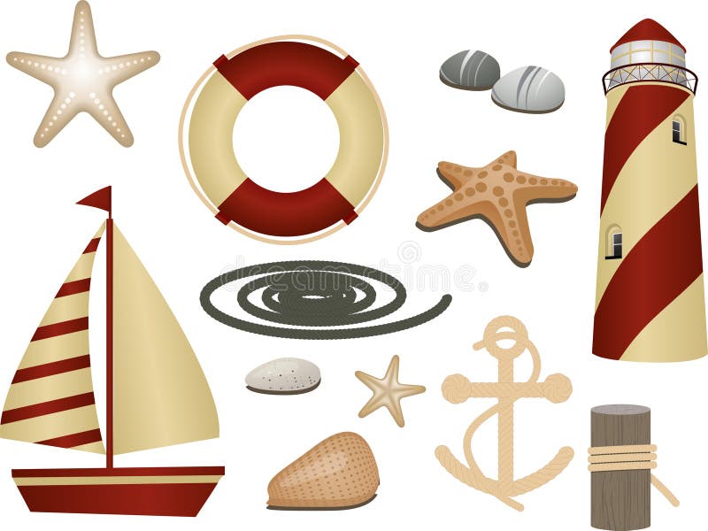 Lighthouse, boat, lifebuoy, anchor, rope and other nautical elements in red and cream. Lighthouse, boat, lifebuoy, anchor, rope and other nautical elements in red and cream