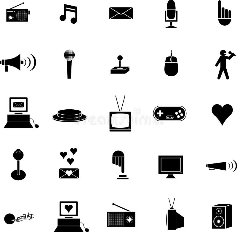vector set of diverse symbols or icons, including videogames, computers, bullhorns, television, and others. vector set of diverse symbols or icons, including videogames, computers, bullhorns, television, and others