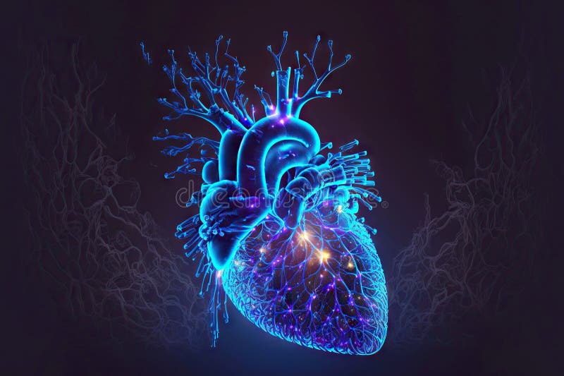 Symbolic Abstract 3d Render Neon Image of Human Heart in Blue Stock ...