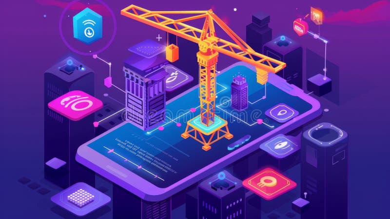 Symbolic banner for software development. Modern landing page with smartphone, crane and buttons in an isometric form. royalty free stock photo