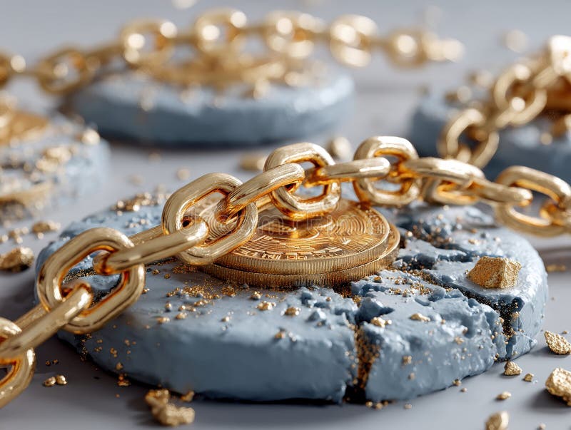 A symbolic image representing wealth or luxury, featuring a gold chain with a coin pendant on cracked blue eggs stock photography