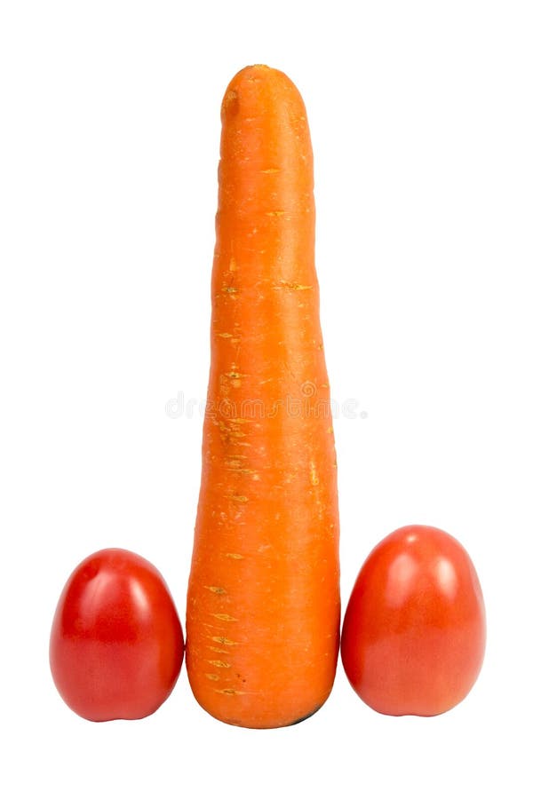 Symbolic phallic concept image of carrot and two tomatoes isolated against white background. Symbolic stock images, royalty-free photos and pictures