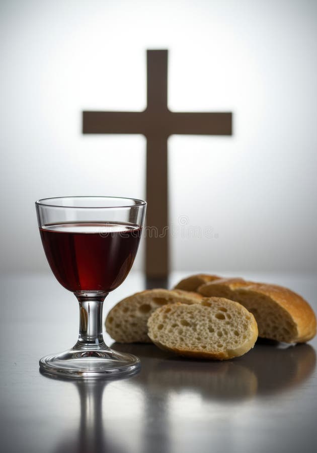 Symbolic representation of communion with wine, bread, and a cross in the background stock illustration