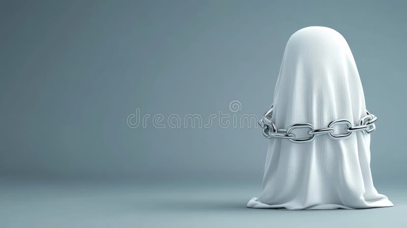 A symbolic representation of confinement, featuring a ghostly figure draped in white and bound by chains against a minimal stock illustration