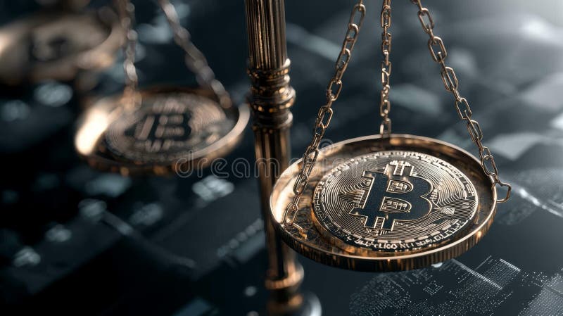 A symbolic representation of cryptocurrency balance with Bitcoin coins on scales, illustrating financial justice in digital stock illustration