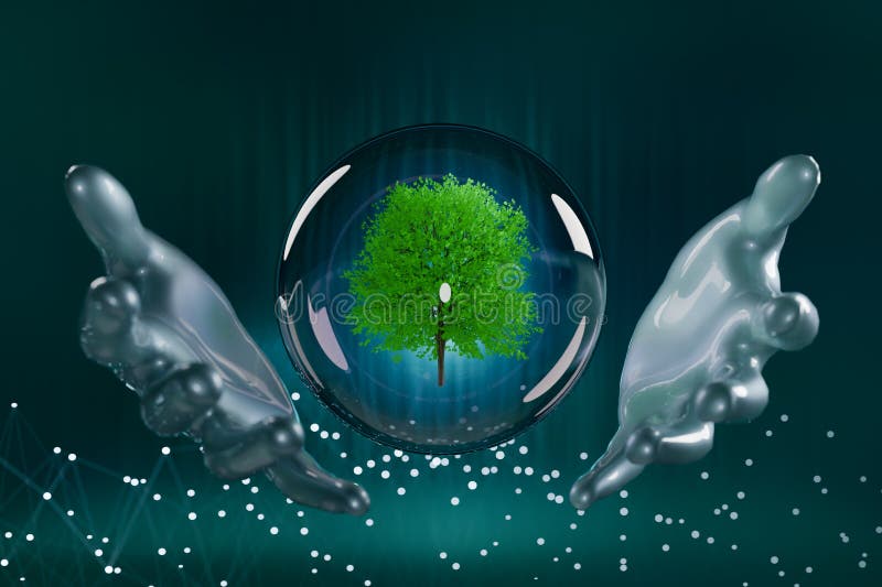 A symbolic representation of environmental protection with a tree inside a glass sphere held by hands. 3d rendering vector illustration