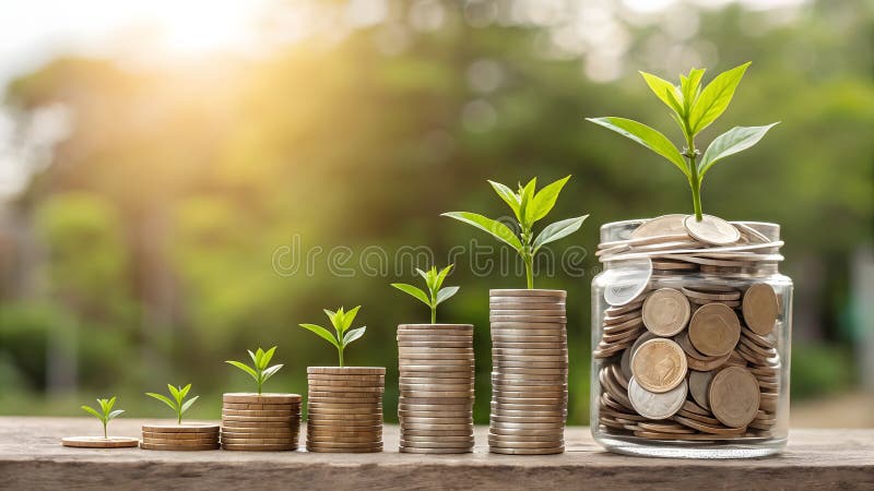 A symbolic representation of financial growth, featuring stacks of coins progressively increasing in height stock illustration