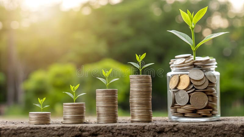 A symbolic representation of financial growth, featuring stacks of coins progressively increasing in height royalty free illustration
