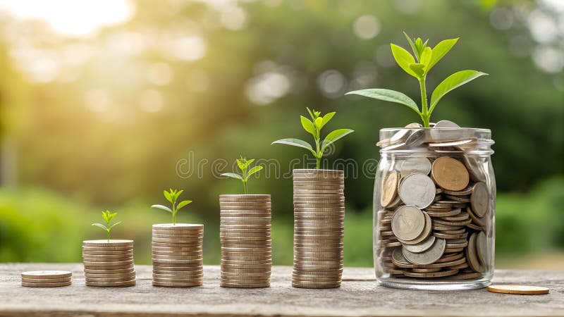 A symbolic representation of financial growth, featuring stacks of coins progressively increasing in height royalty free illustration