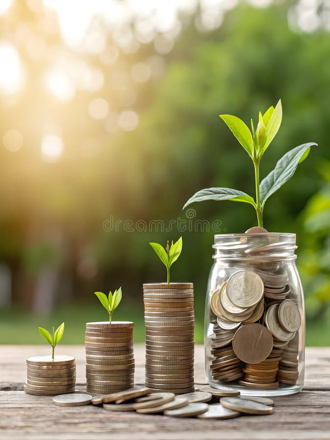A symbolic representation of financial growth, featuring stacks of coins progressively increasing in height stock illustration