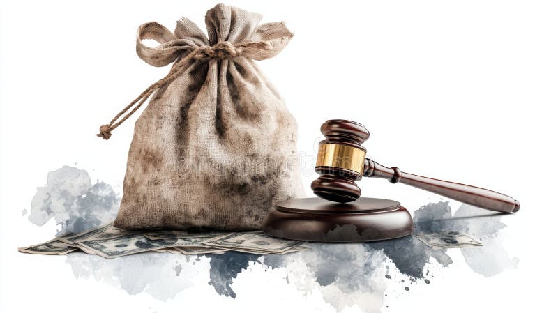 A symbolic representation of justice featuring a gavel, a money bag, and currency, highlighting themes of law and financial impact stock illustration