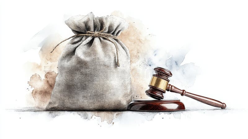 A symbolic representation of justice featuring a gavel and a money bag, highlighting themes of law, fairness, and finance royalty free illustration