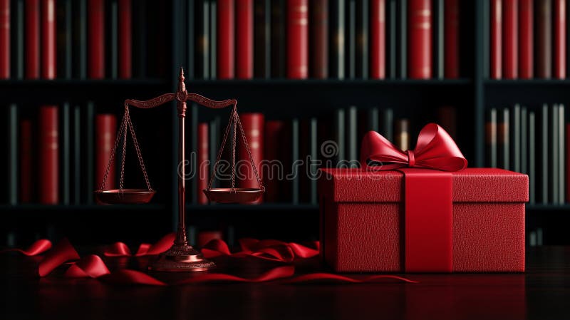 Symbolic representation of justice with scales and red gift box, conveying sense of balance and celebration. background features royalty free illustration