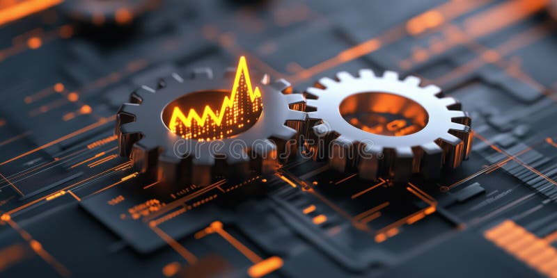 Symbolic representation of mergers and acquisitions with glowing gears stock illustration
