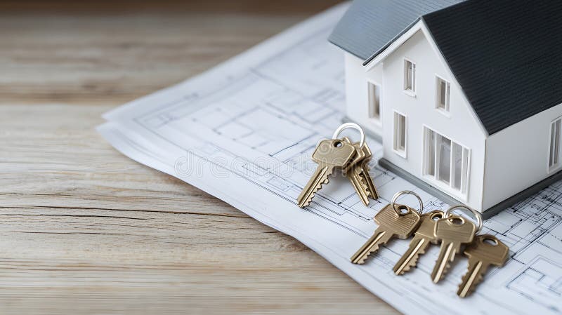 Symbolic Representation of Real Estate with Miniature House Model and Keys on Architectural Blueprints for Property and Home vector illustration