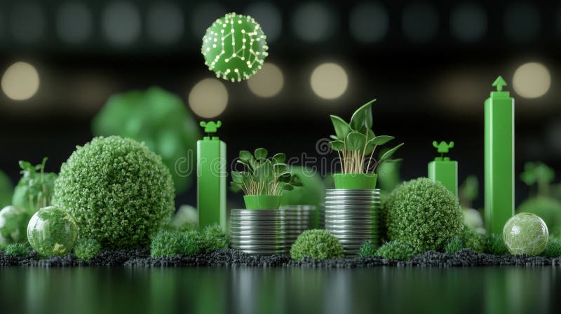 A symbolic representation of sustainable growth featuring green plants, stacked coins, and eco-friendly icons, emphasizing royalty free illustration