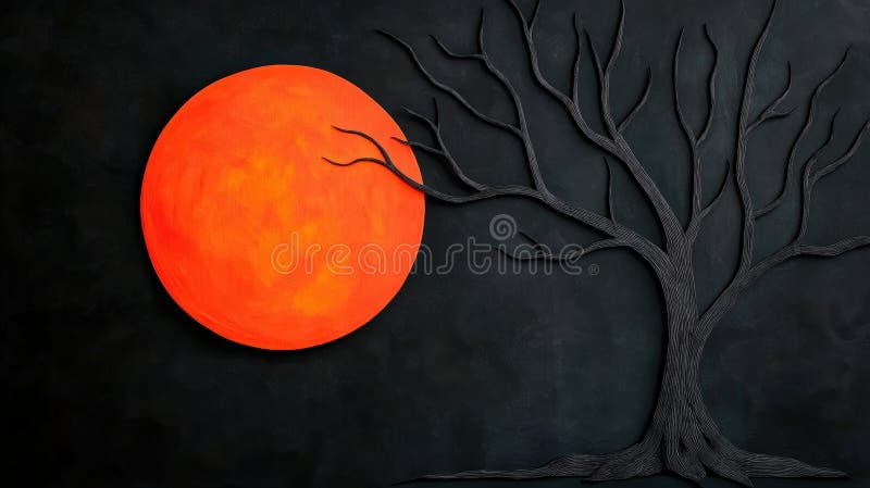 A symbolic representation of a tree silhouetted against a vibrant orange sun stock illustration