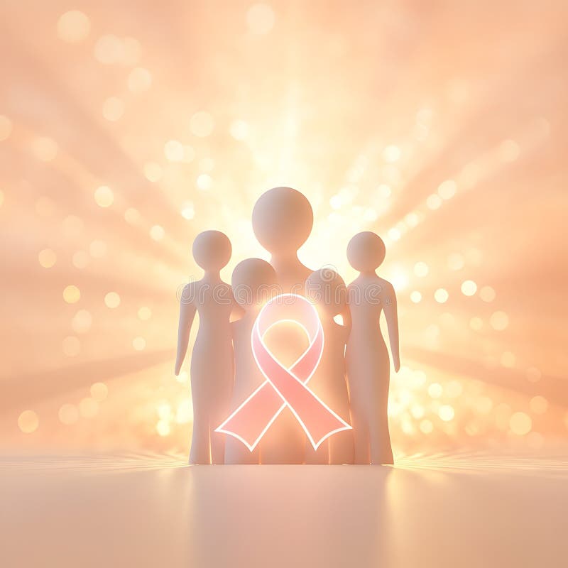 A symbolic representation of unity and support, featuring abstract figures with a glowing cancer awareness ribbon stock illustration