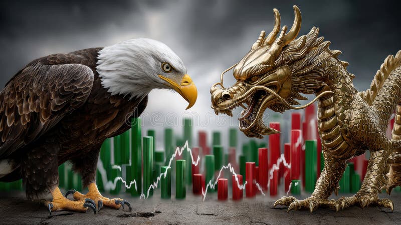 Symbolic representation of usa and china trade war with eagle and dragon amid economic tension with stock market graphs royalty free illustration