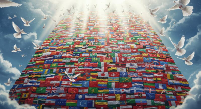 Path of Nations Rising to the Sky with Global Flags - Generative AI stock illustration