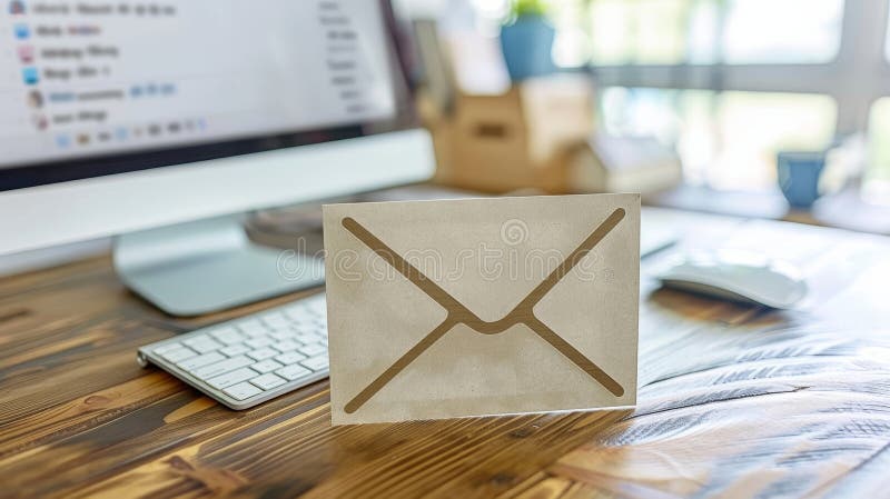 Symbolic white envelope with arrow directed at computer screen, representing email delivery royalty free illustration