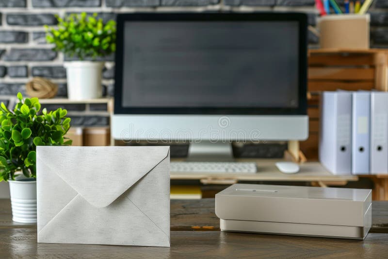 Symbolic white envelope with arrow pointing at computer screen representing email delivery royalty free illustration