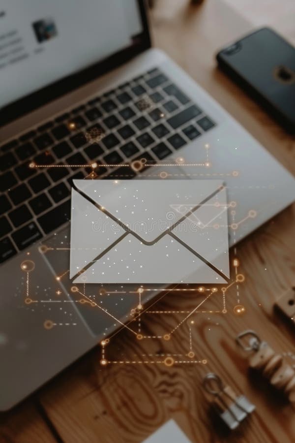 Symbolic white envelope with arrow pointing to computer screen for email delivery royalty free illustration