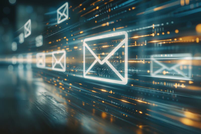 Symbolic white envelope with arrow pointing to computer screen representing email delivery stock illustration