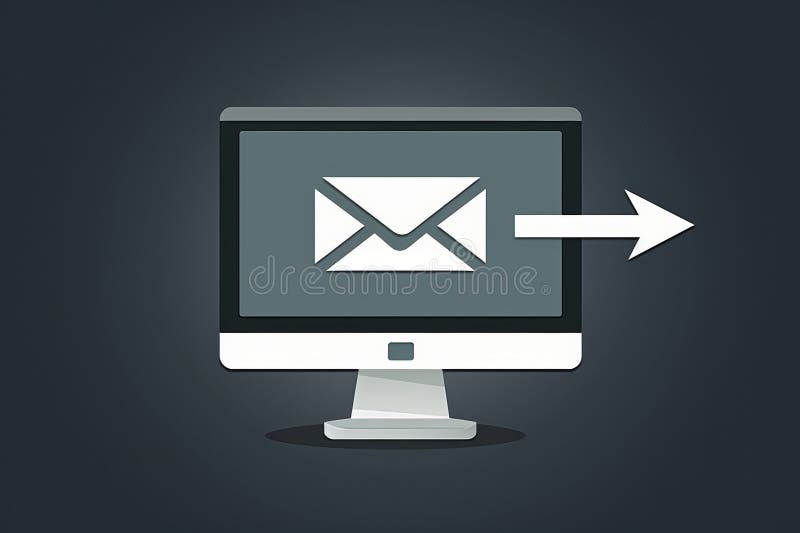 Symbolic white envelope with arrow pointing to computer screen representing email delivery royalty free illustration