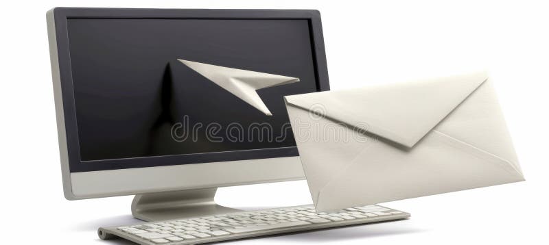 Symbolic white envelope with arrow pointing to computer screen representing email delivery royalty free illustration