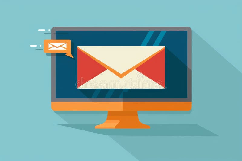 Symbolic white envelope with arrow pointing to computer screen representing email delivery royalty free illustration