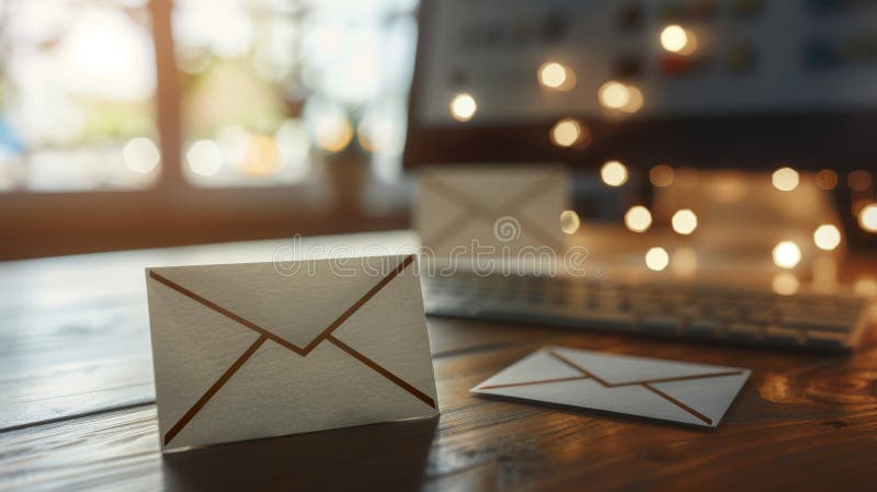 Symbolic white envelope with arrow pointing to computer screen representing email delivery stock illustration