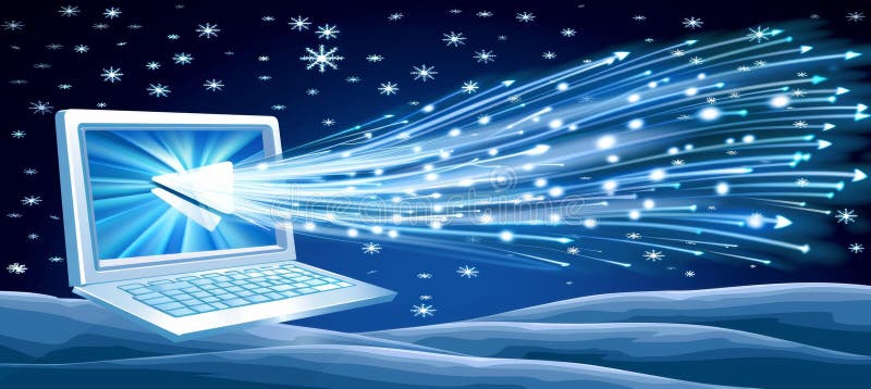 Symbolic white envelope with arrow pointing to computer screen representing email delivery royalty free illustration