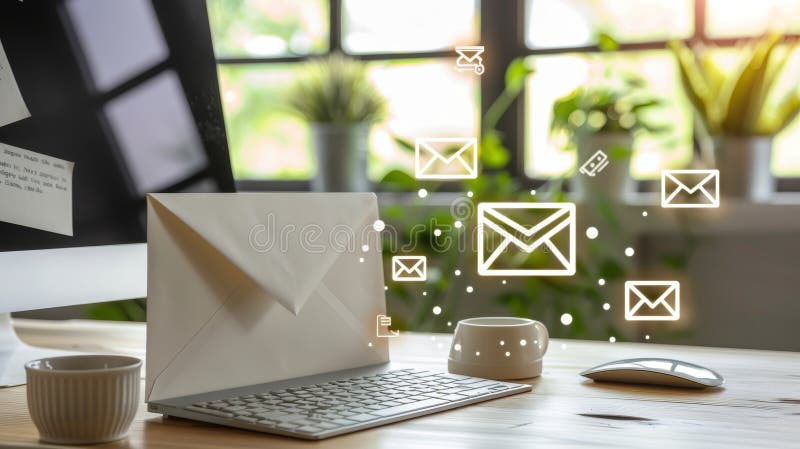 Symbolic white envelope with arrow pointing to computer screen representing email delivery stock illustration