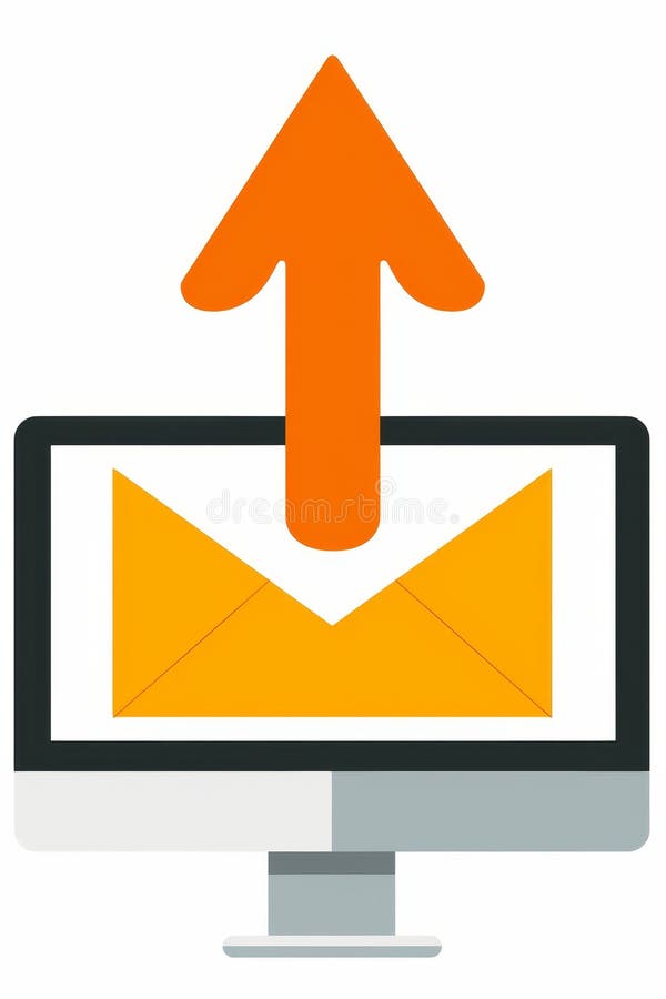 Symbolic white envelope with arrow pointing to desktop screen representing email delivery royalty free illustration