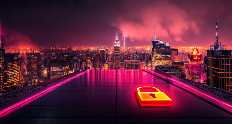 Symbolizuje nowoczesną technologię bezpieczeństwa biznesowego w nowym jorku w nocy dzięki cyfrowym zamkom i ochronie danych royalty ilustracja