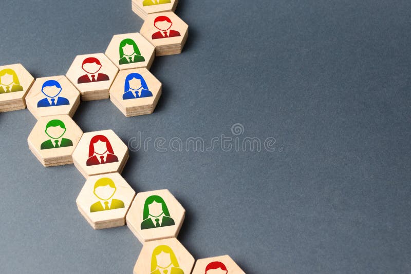 Symbols of employees on the chains of hexagons. business connections. Team building, business organization and staff hierarchy