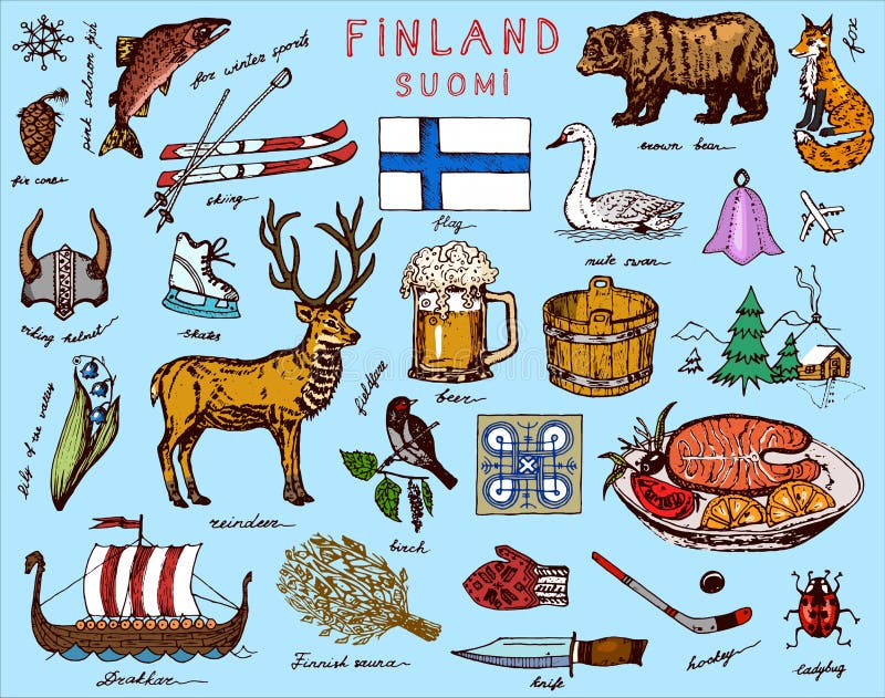 Symbols of Finland in vintage style. Doodle sketch with traditional signs. Scandinavian culture, national entertainment