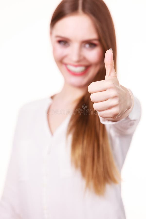 Happy Positive Brunette Woman Showing Thumb Up Stock Photo Image Of